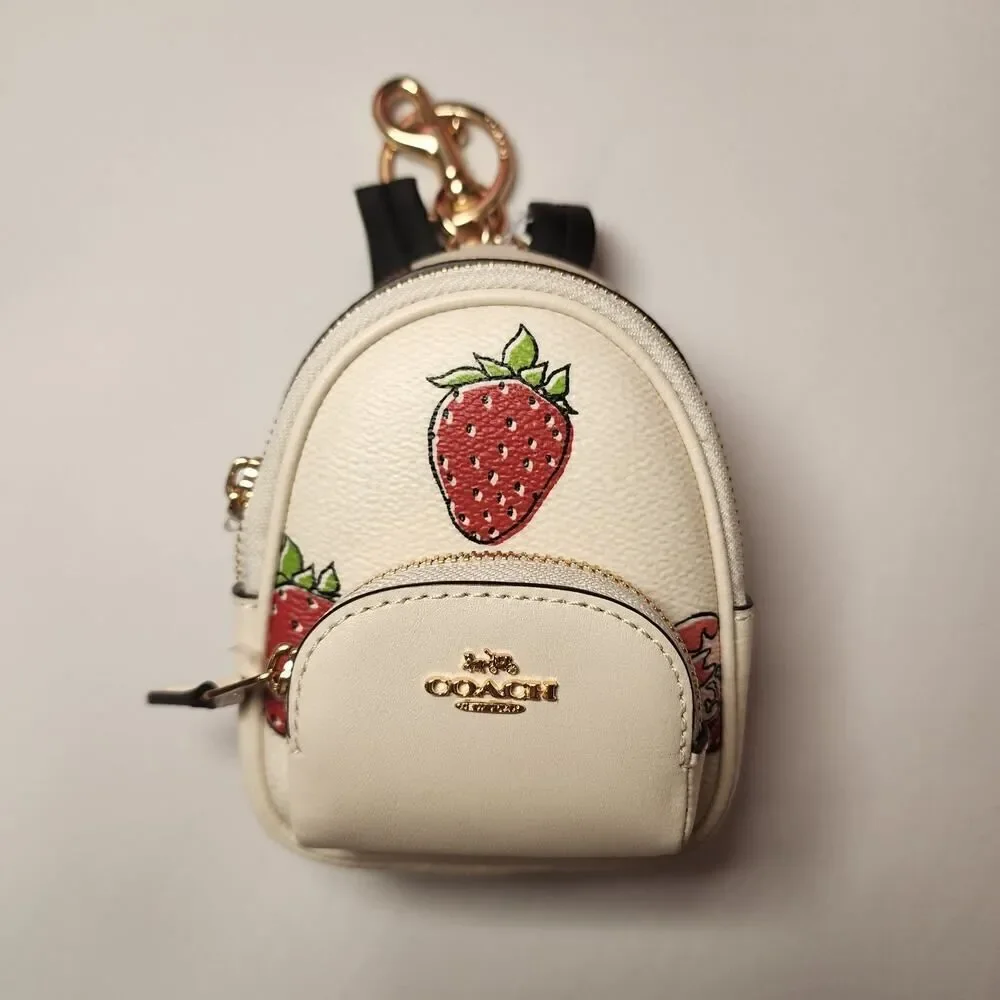 NWT Coach CAO93 Mini Court Backpack Bag Charm with Strawberry Print